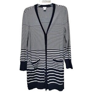 Chico's Blue Striped Longline Button-Up Cardigan Sweater w/Pockets Size 1 MEDIUM